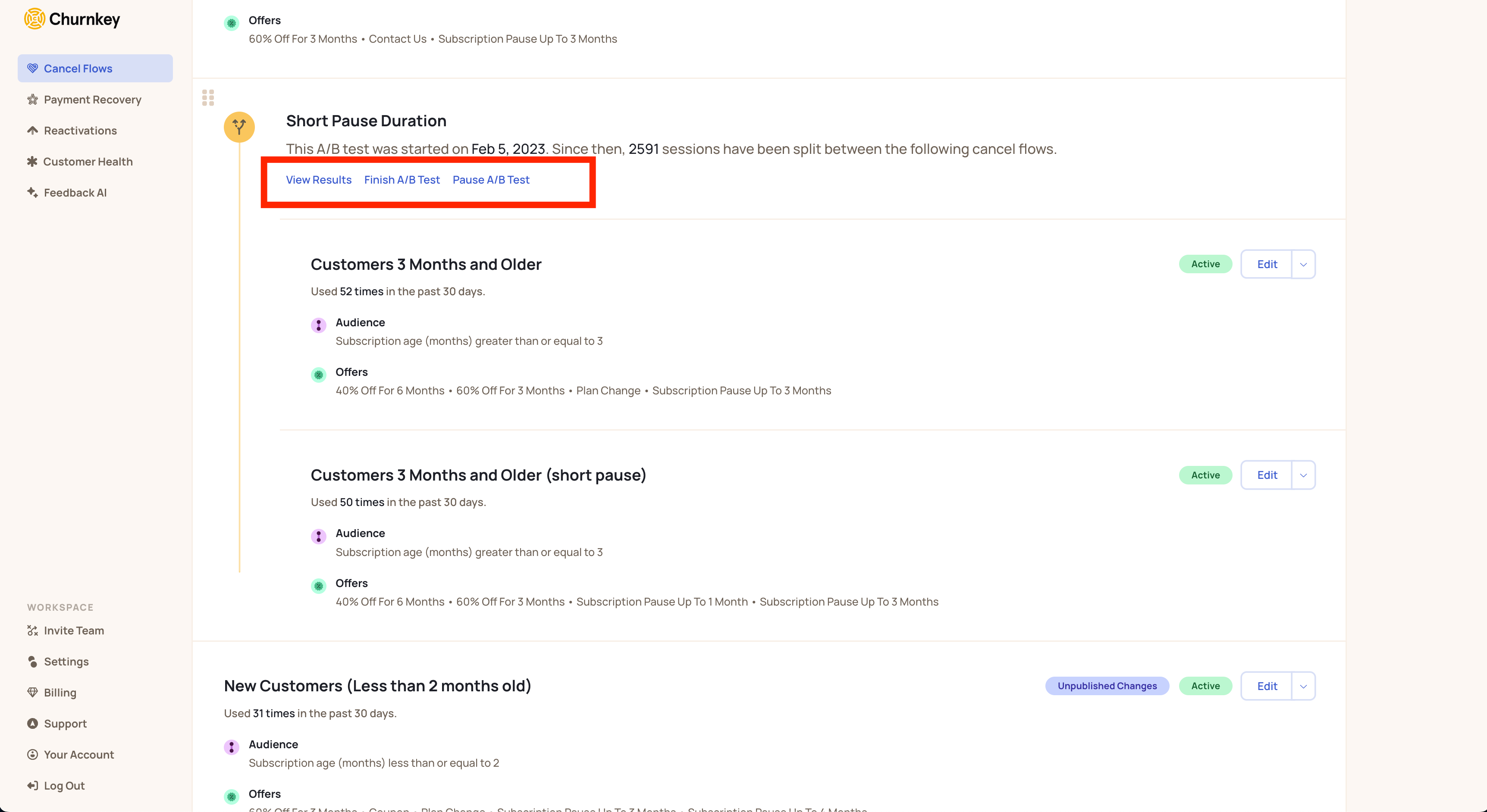 From Cancel Flows view, you can view A/B test results, or finish or pause your test.